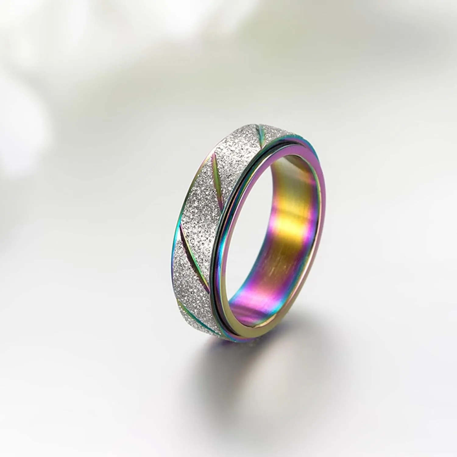 Women's Engagement Rings, Stainless Steel Ring for Men Multicolor Rainbow Rotating Ring Matte 6mm Valentine's Day Couple Rings