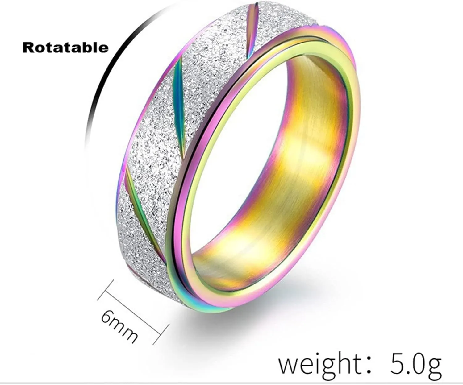 Women's Engagement Rings, Stainless Steel Ring for Men Multicolor Rainbow Rotating Ring Matte 6mm Valentine's Day Couple Rings