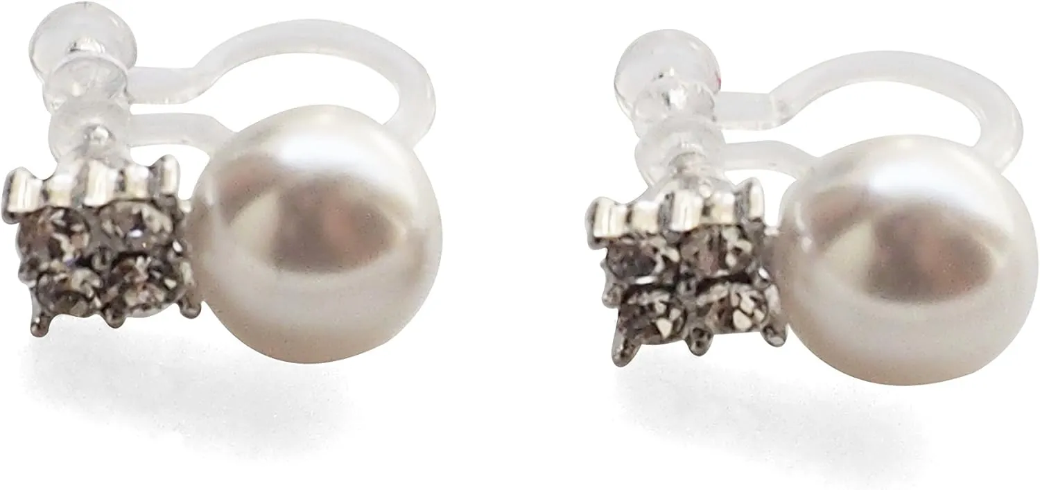 Women??s White Pearl Invisible Clip on Earrings ?C Comfortable Bridal Crystal Non Pierced Clip on Stud Earrings Miyabi Grace Gold Silver tones Wedding