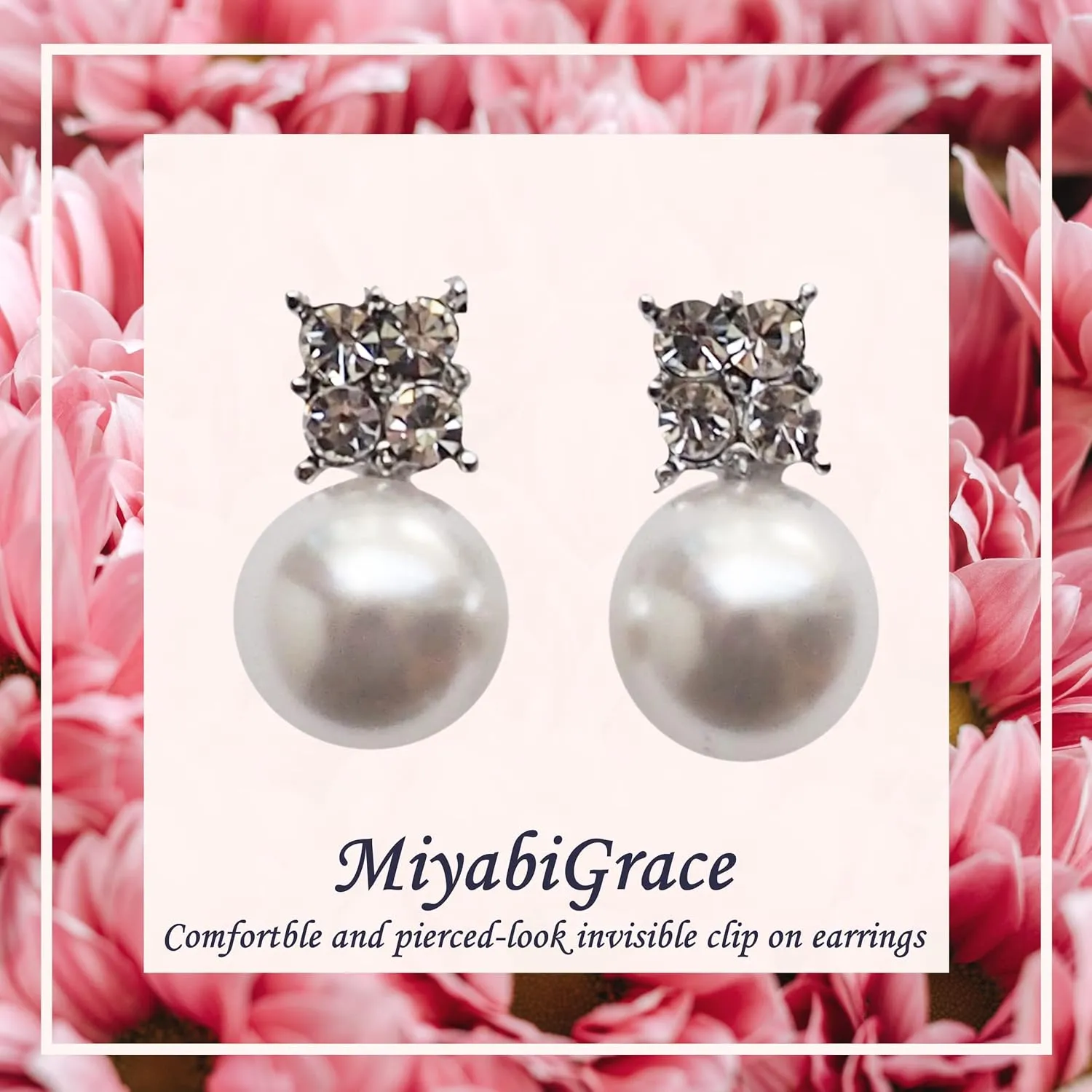 Women??s White Pearl Invisible Clip on Earrings ?C Comfortable Bridal Crystal Non Pierced Clip on Stud Earrings Miyabi Grace Gold Silver tones Wedding