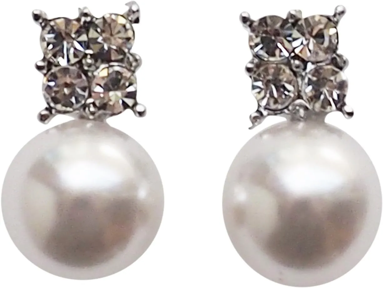 Women??s White Pearl Invisible Clip on Earrings ?C Comfortable Bridal Crystal Non Pierced Clip on Stud Earrings Miyabi Grace Gold Silver tones Wedding