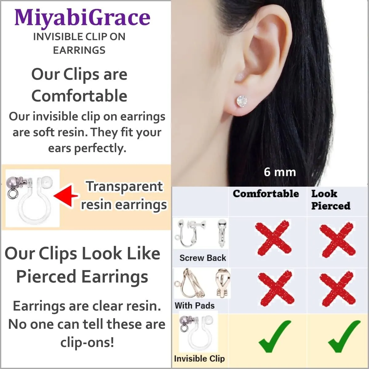 Women??s White Pearl Invisible Clip on Earrings ?C Comfortable Bridal Crystal Non Pierced Clip on Stud Earrings Miyabi Grace Gold Silver tones Wedding