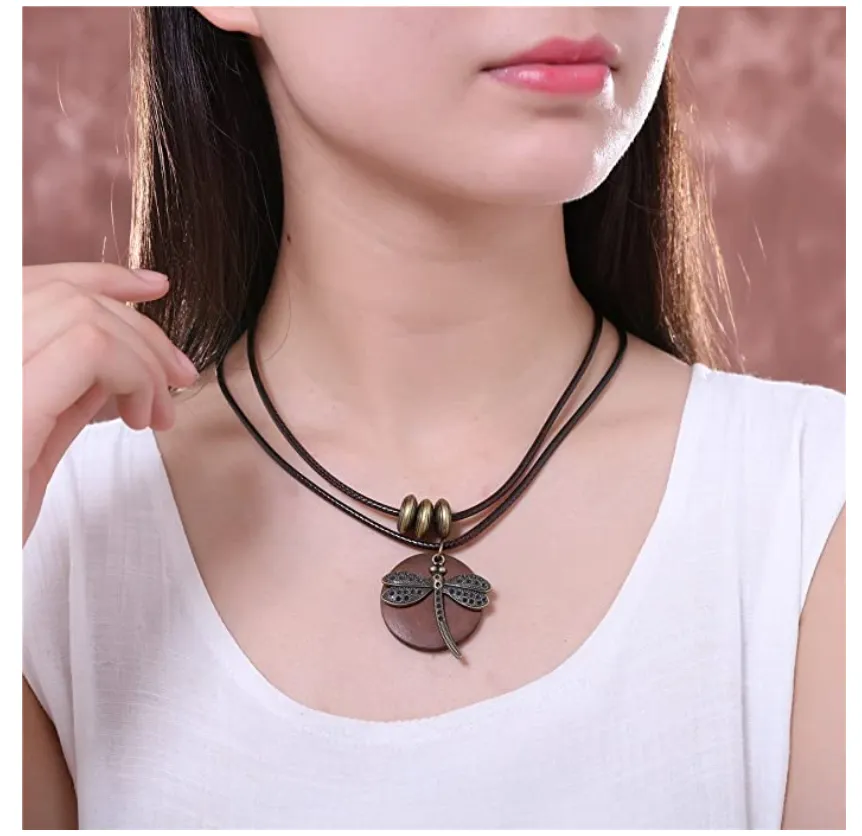 Wood Dragonfly Pendant Necklace Dragonfly Jewelry Chain Birthday Gift 20in.