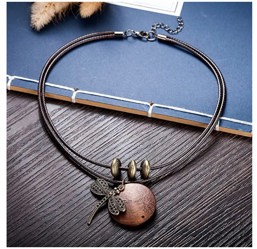 Wood Dragonfly Pendant Necklace Dragonfly Jewelry Chain Birthday Gift 20in.