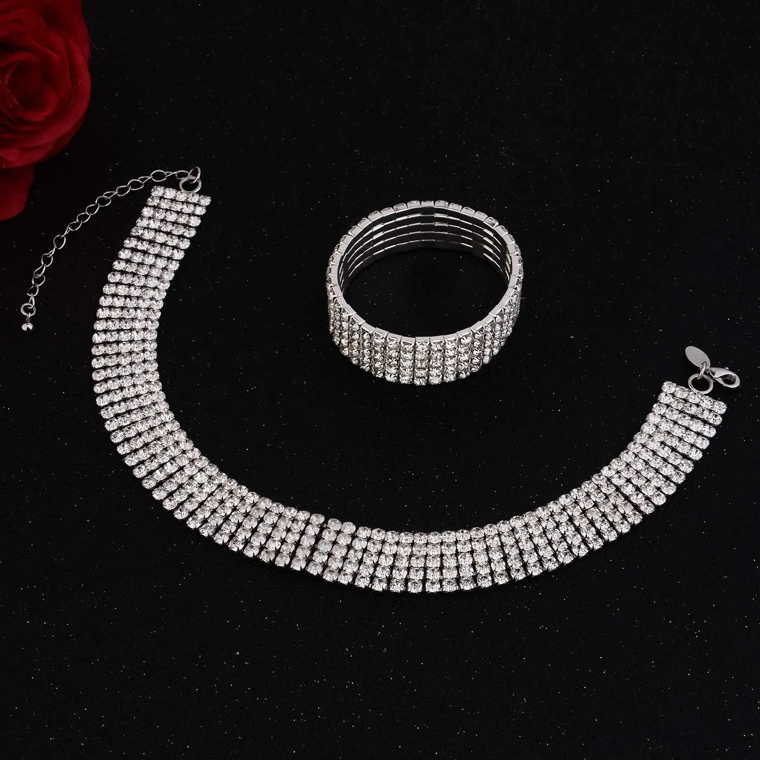 Zealmer 18K Gold Plated 1-6 Rows Rhinestone Choker Necklace & Bracelets Set Bridal Jewelry