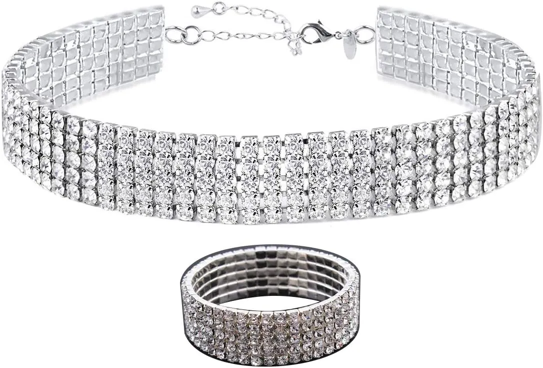 Zealmer 18K Gold Plated 1-6 Rows Rhinestone Choker Necklace & Bracelets Set Bridal Jewelry