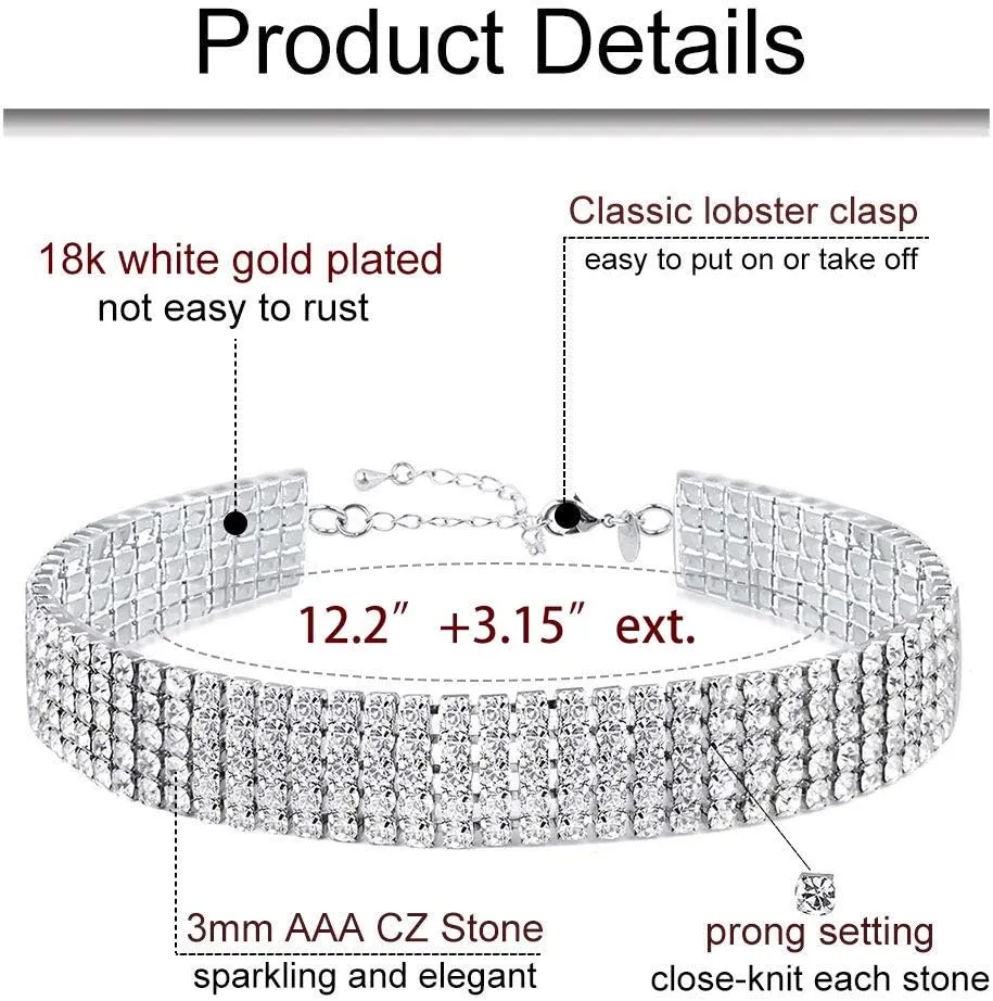 Zealmer 18K Gold Plated 1-6 Rows Rhinestone Choker Necklace & Bracelets Set Bridal Jewelry