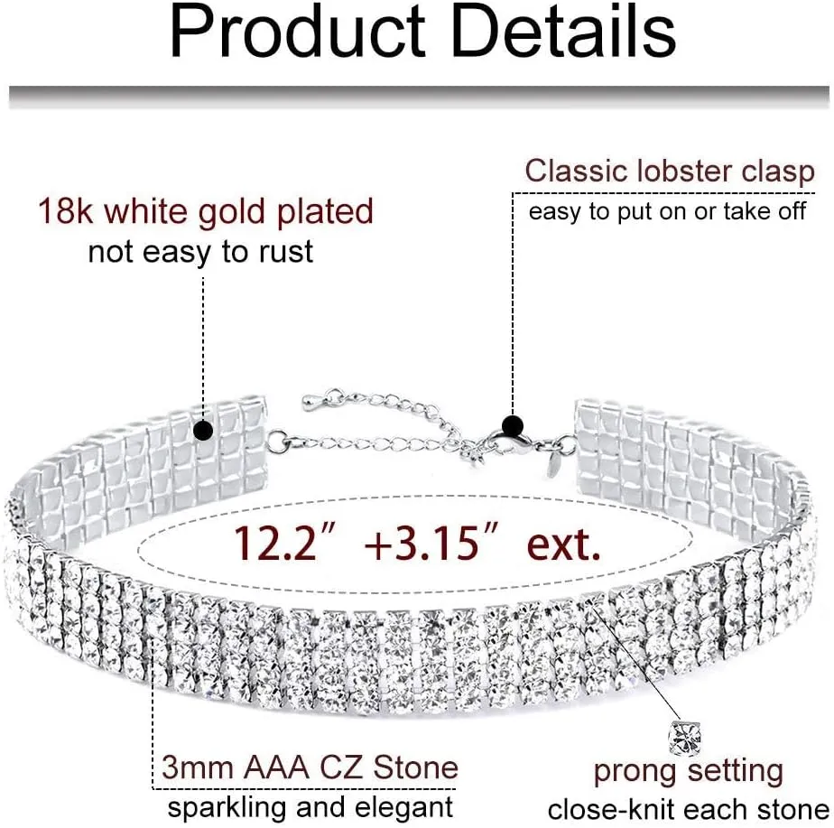 Zealmer Rhinestone Choker Necklaces Silver Sparkling Diamond Choker Crystal Rhinestone Glitter Necklace Gold Plated Jewelry Gifts for Women Bridal Wedding Bridesmaid