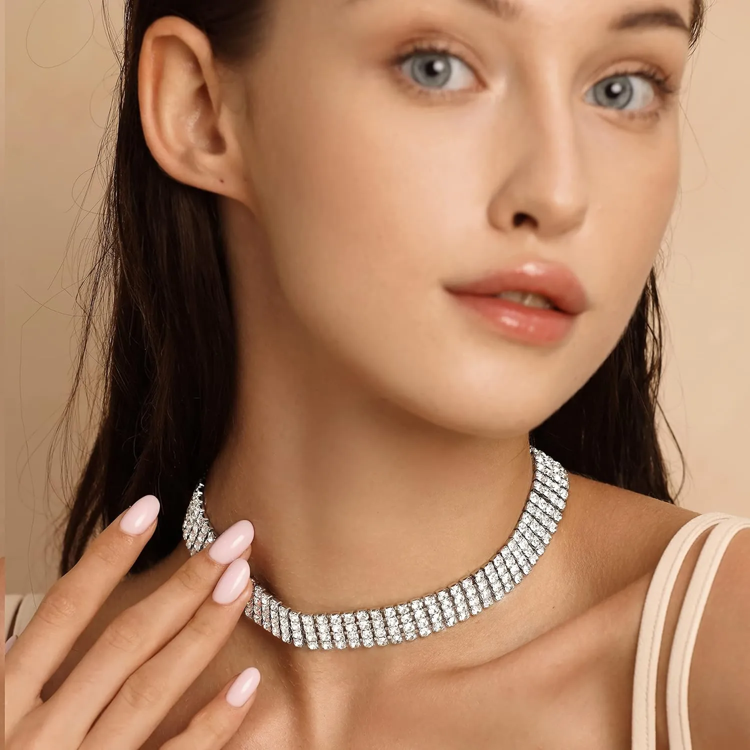 Zealmer Rhinestone Choker Necklaces Silver Sparkling Diamond Choker Crystal Rhinestone Glitter Necklace Gold Plated Jewelry Gifts for Women Bridal Wedding Bridesmaid