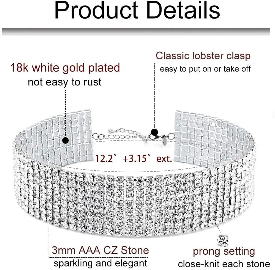 Zealmer Rhinestone Choker Necklaces Silver Sparkling Diamond Choker Crystal Rhinestone Glitter Necklace Gold Plated Jewelry Gifts for Women Bridal Wedding Bridesmaid