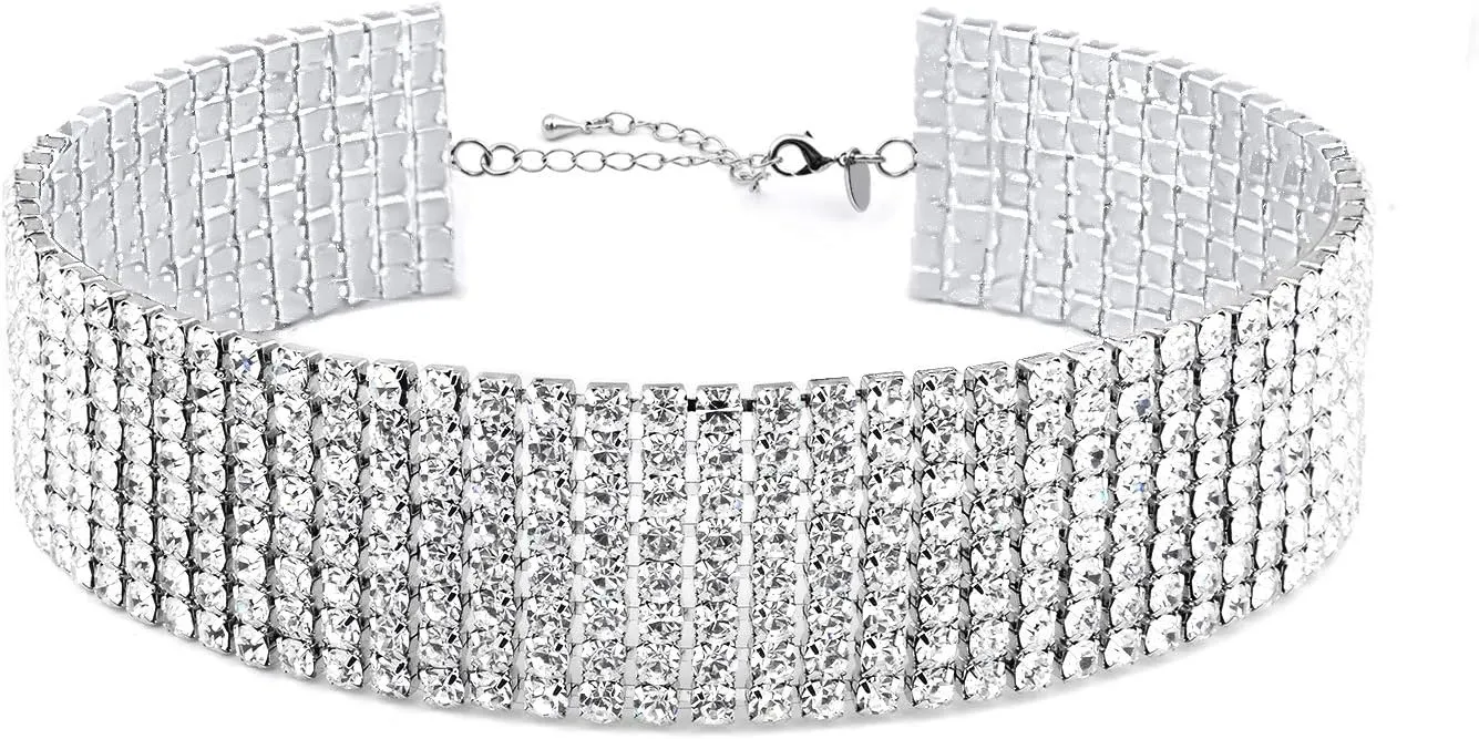 Zealmer Rhinestone Choker Necklaces Silver Sparkling Diamond Choker Crystal Rhinestone Glitter Necklace Gold Plated Jewelry Gifts for Women Bridal Wedding Bridesmaid