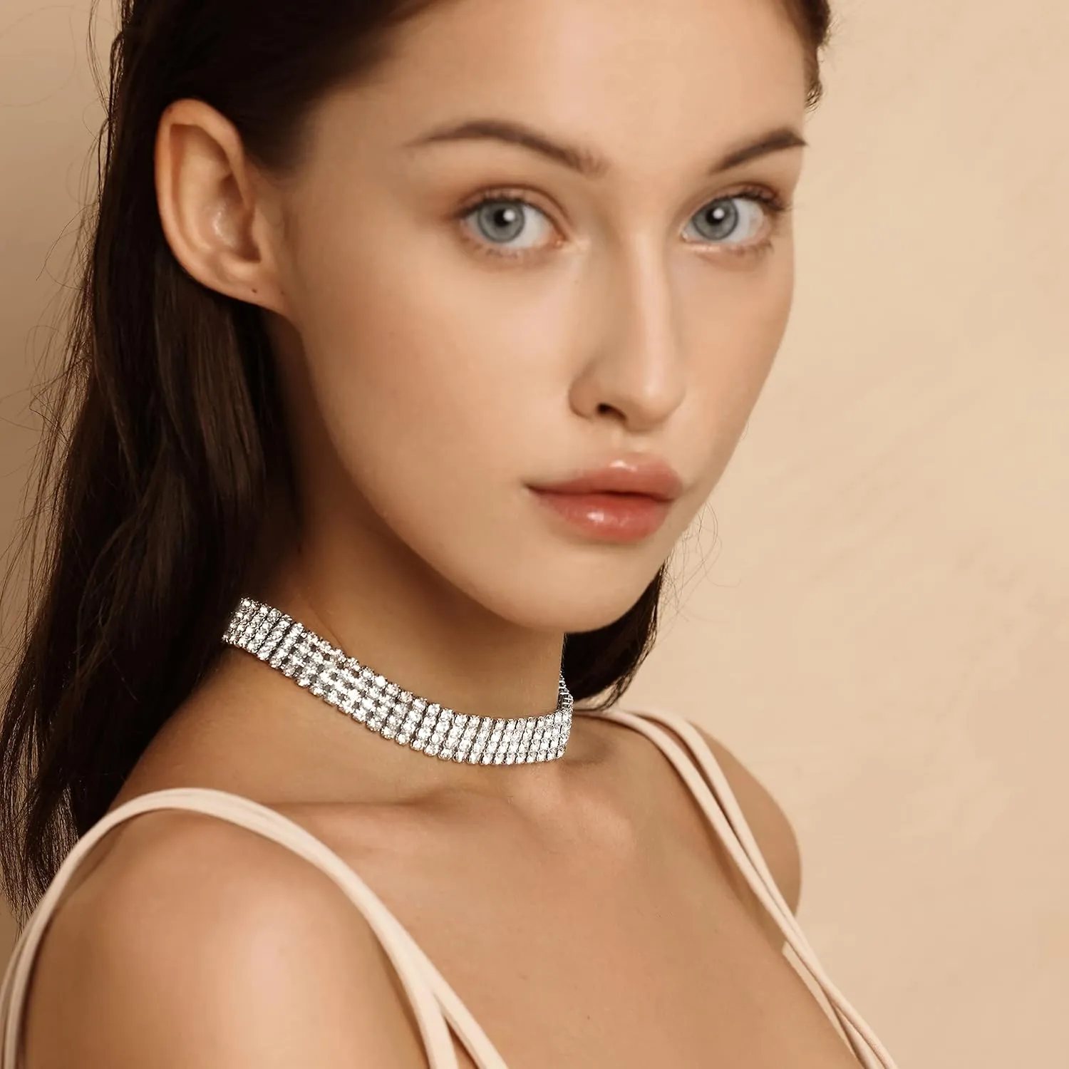 Zealmer Rhinestone Choker Necklaces Silver Sparkling Diamond Choker Crystal Rhinestone Glitter Necklace Gold Plated Jewelry Gifts for Women Bridal Wedding Bridesmaid