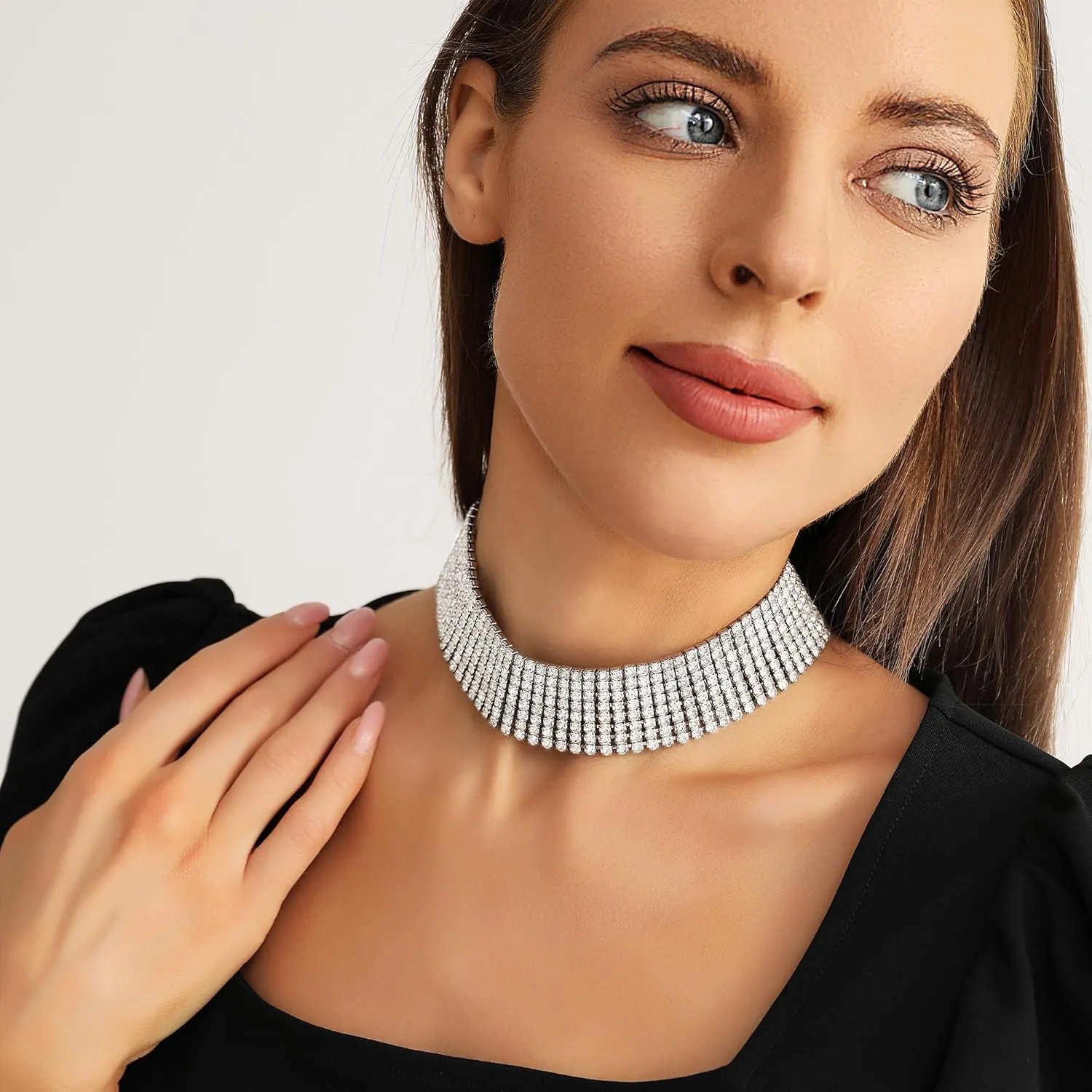 Zealmer Rhinestone Choker Necklaces Silver Sparkling Diamond Choker Crystal Rhinestone Glitter Necklace Gold Plated Jewelry Gifts for Women Bridal Wedding Bridesmaid