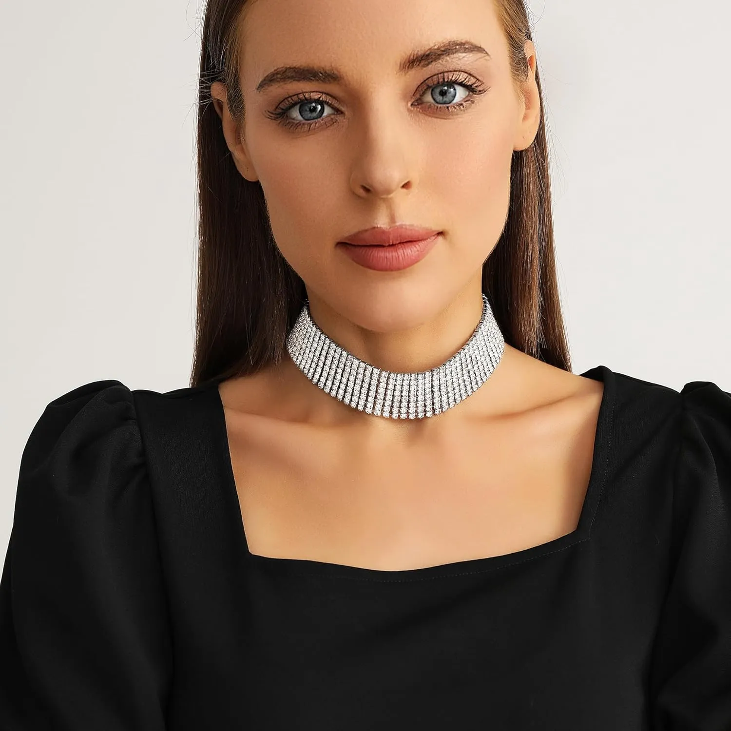 Zealmer Rhinestone Choker Necklaces Silver Sparkling Diamond Choker Crystal Rhinestone Glitter Necklace Gold Plated Jewelry Gifts for Women Bridal Wedding Bridesmaid