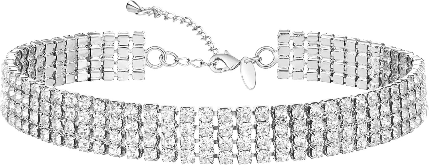 Zealmer Rhinestone Choker Necklaces Silver Sparkling Diamond Choker Crystal Rhinestone Glitter Necklace Gold Plated Jewelry Gifts for Women Bridal Wedding Bridesmaid