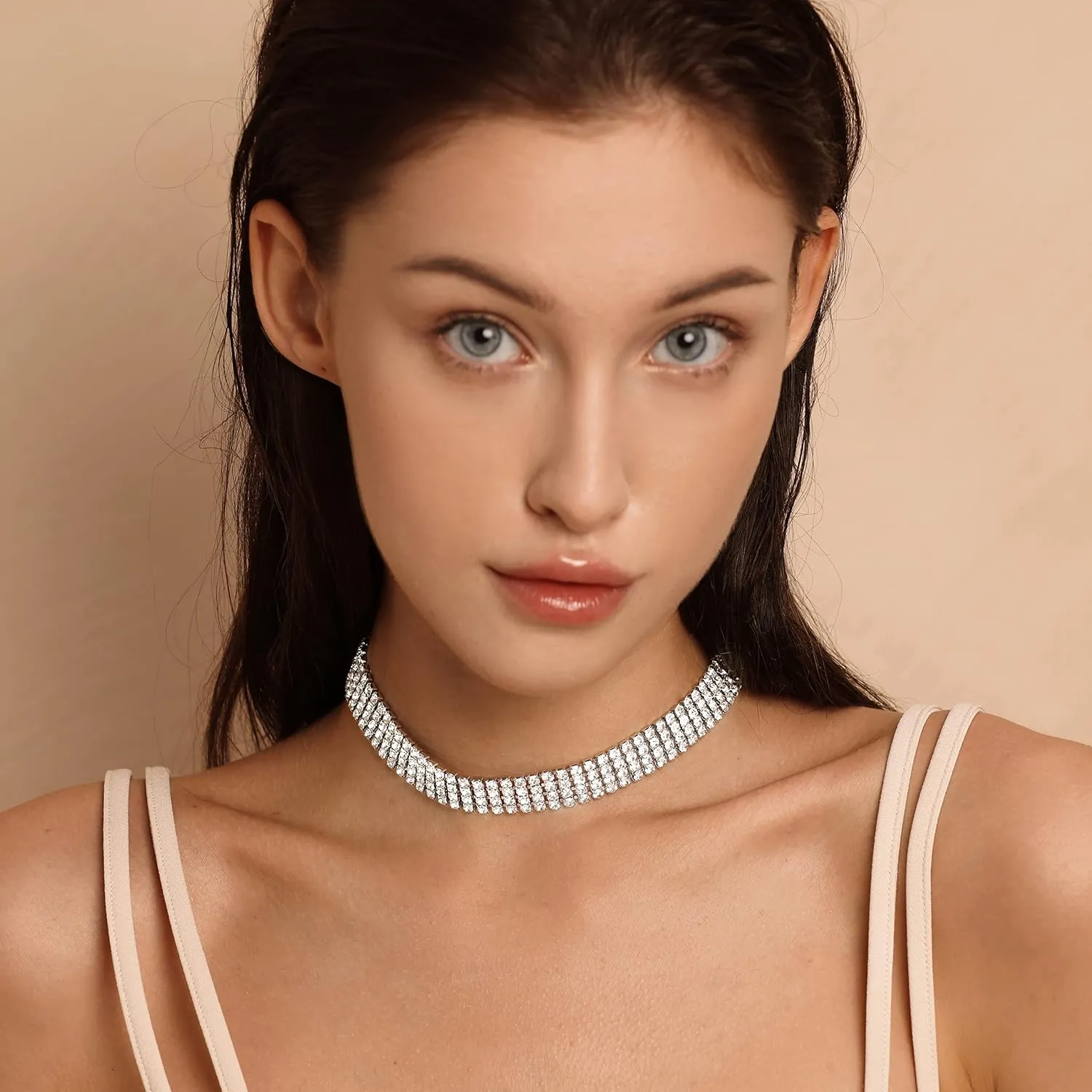 Zealmer Rhinestone Choker Necklaces Silver Sparkling Diamond Choker Crystal Rhinestone Glitter Necklace Gold Plated Jewelry Gifts for Women Bridal Wedding Bridesmaid